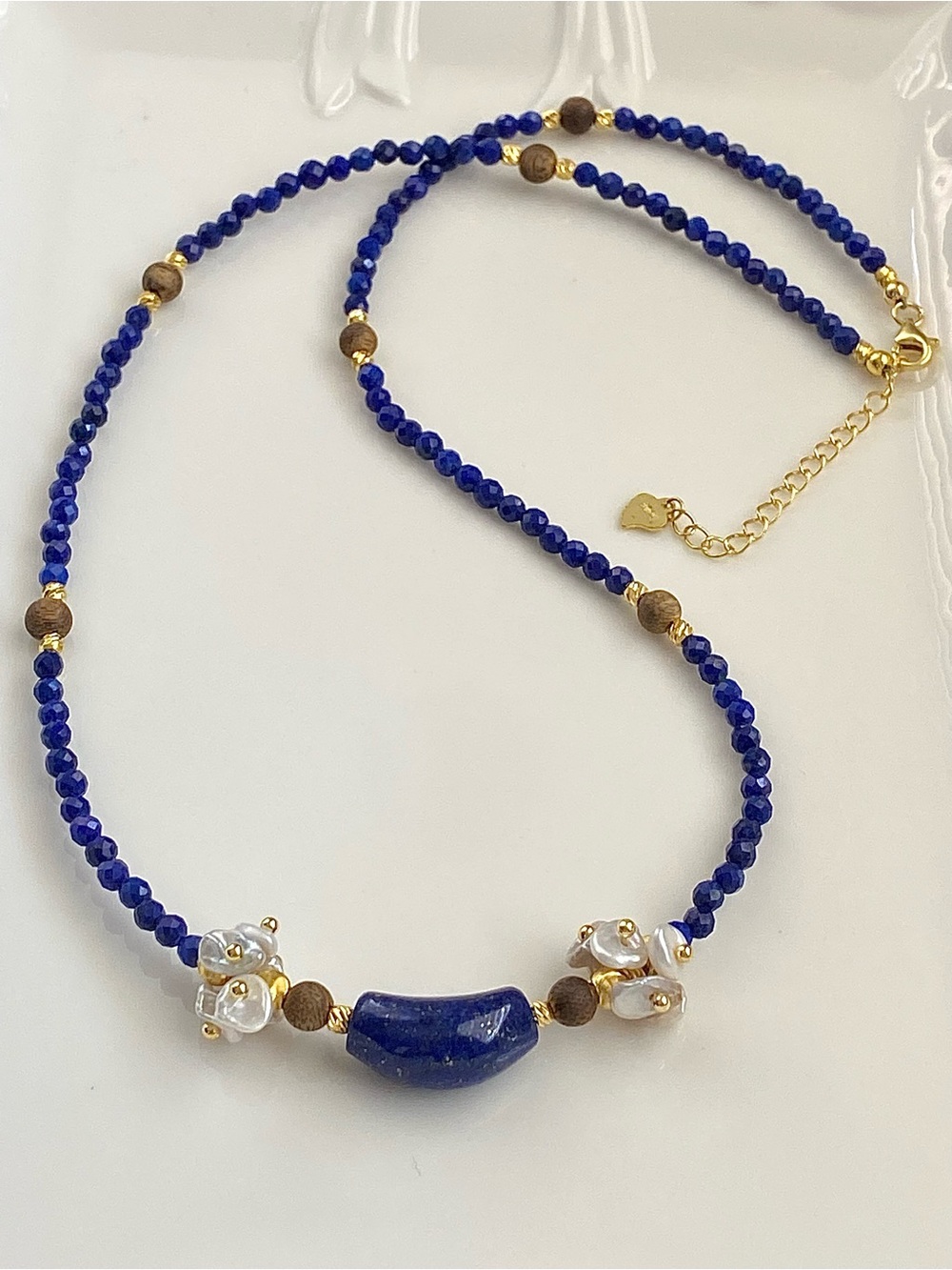 GP86-Handmade Lapis, Keshi Pearl And Agar Wood Necklace